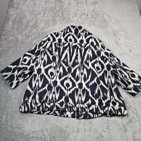 CJ Banks Blazer Womens 2X Blue White Ikat Open Front Ruffle Trim Preppy Jacket - Picture 7 of 9